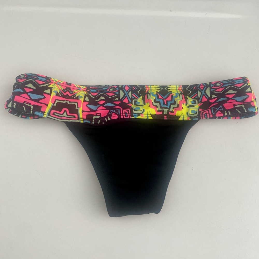 Jolyn Clothing Black Bikini Bottom with Neon Pink Yellow Blue Tribal Waistband